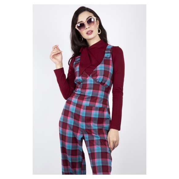Voodoo Vixen plaid tartan jumpsuit playsuit 70s style Modcloth retro pockets - Picture 4 of 9